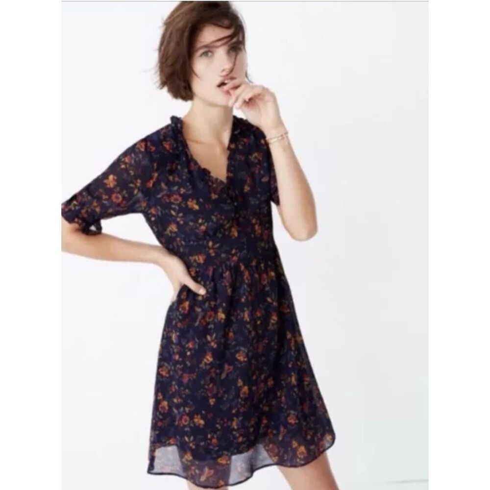 NEW Madewell Women’s 6 Freesia Floral Ruffled Dress in Climbing Vine Navy